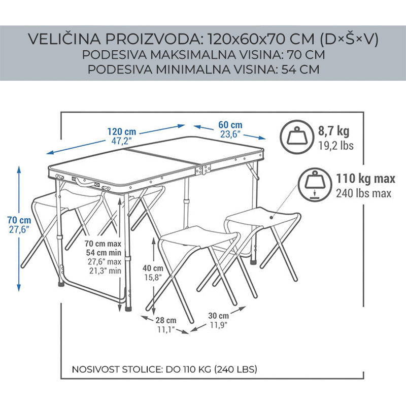Sklopivi Stol | 60x70x120 cm + 4 stolice