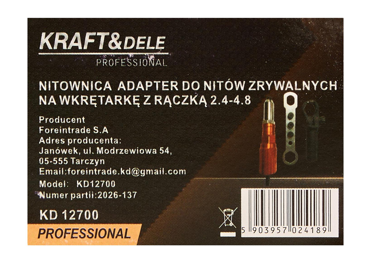 Adapter nitovne kliješta za zakovice za bušilicu/odvijač s ručkom KD12700 (2,4–4,8 mm)